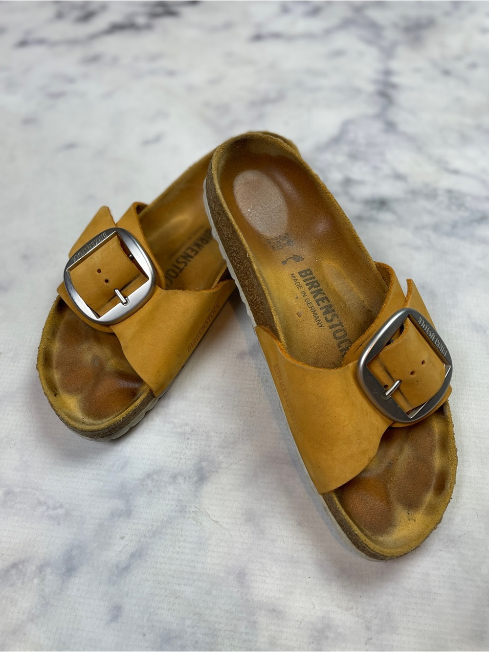 Birkenstock Madrid Big Buckle Apricot Nubuck Slide Sandals Sz 39